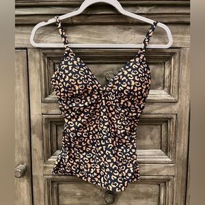 NWT Women’s KONA SOL Tan/Navy Blue Leopard Print Tankini Swim Top (XS)